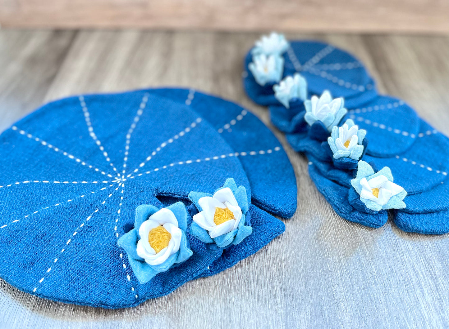 Pretty Lotus hand-sewn drink coaster/ teapot pad. Natural indigo dye coaster with hand-embroidery decor.
