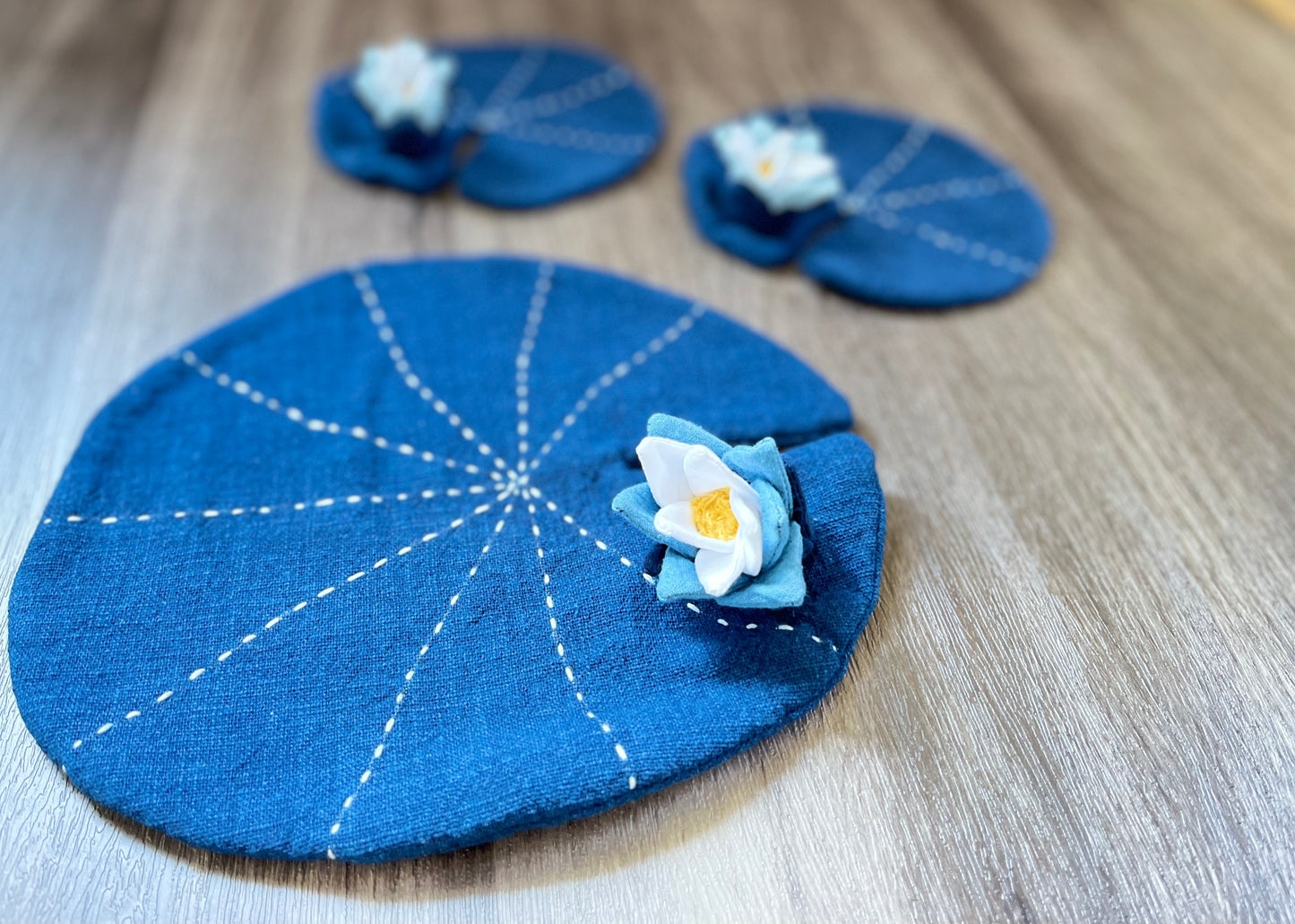 Pretty Lotus hand-sewn drink coaster/ teapot pad. Natural indigo dye coaster with hand-embroidery decor.