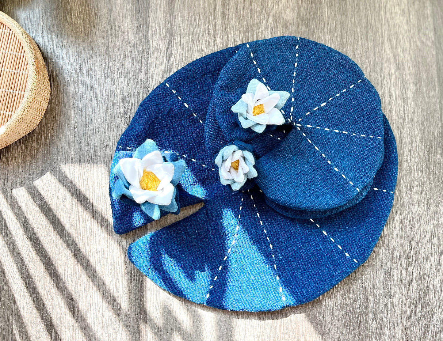 Pretty Lotus hand-sewn drink coaster/ teapot pad. Natural indigo dye coaster with hand-embroidery decor.
