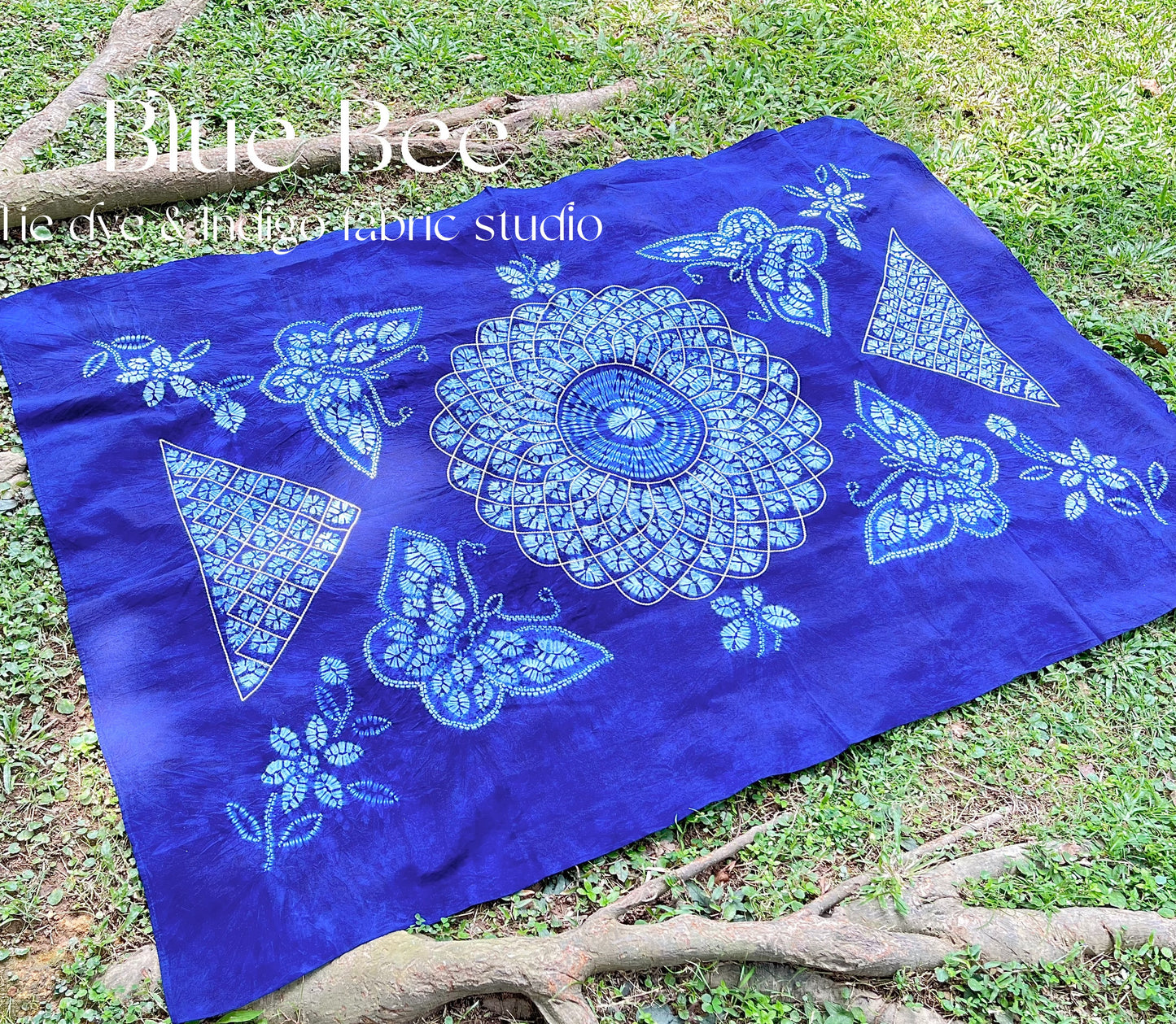 Koi fishes and floral tie dye tablecloth, indigo rectangle table linen, fish art tapestry, Boho wall hanging, picnic blanket.