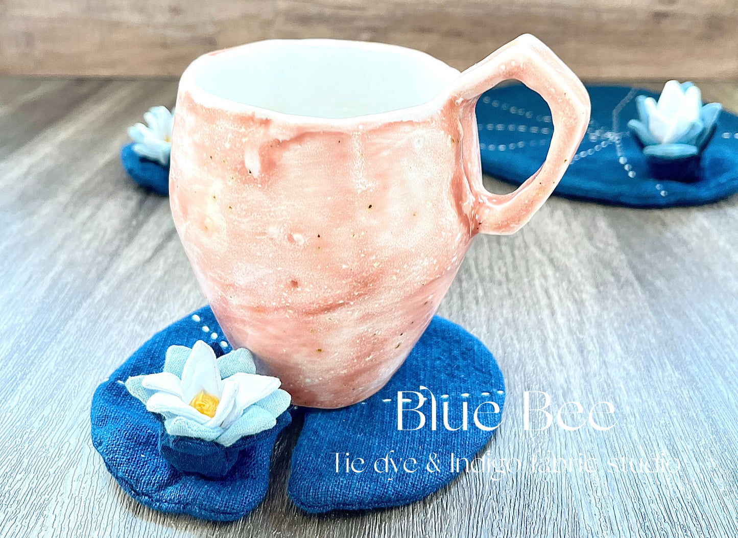 Pretty Lotus hand-sewn drink coaster/ teapot pad. Natural indigo dye coaster with hand-embroidery decor.