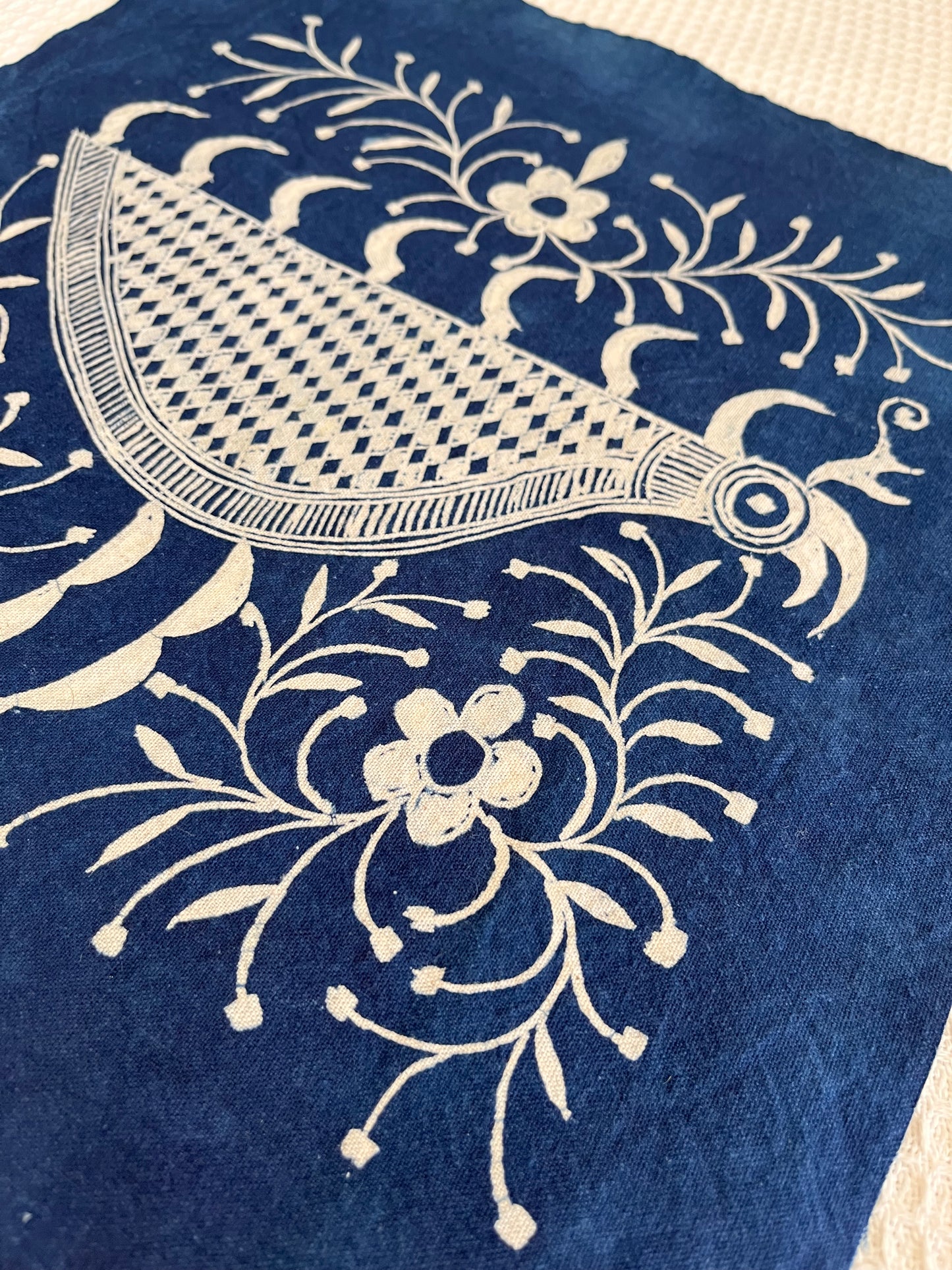 Indigo batik vivid rooster hand-painted wall decor. Art gallery aesthetics indigo fibre art decorative painting (not include frame).