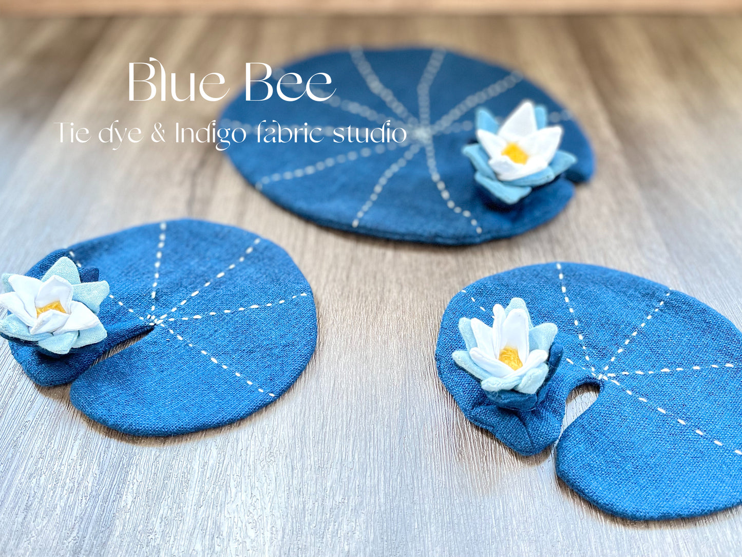 Pretty Lotus hand-sewn drink coaster/ teapot pad. Natural indigo dye coaster with hand-embroidery decor.