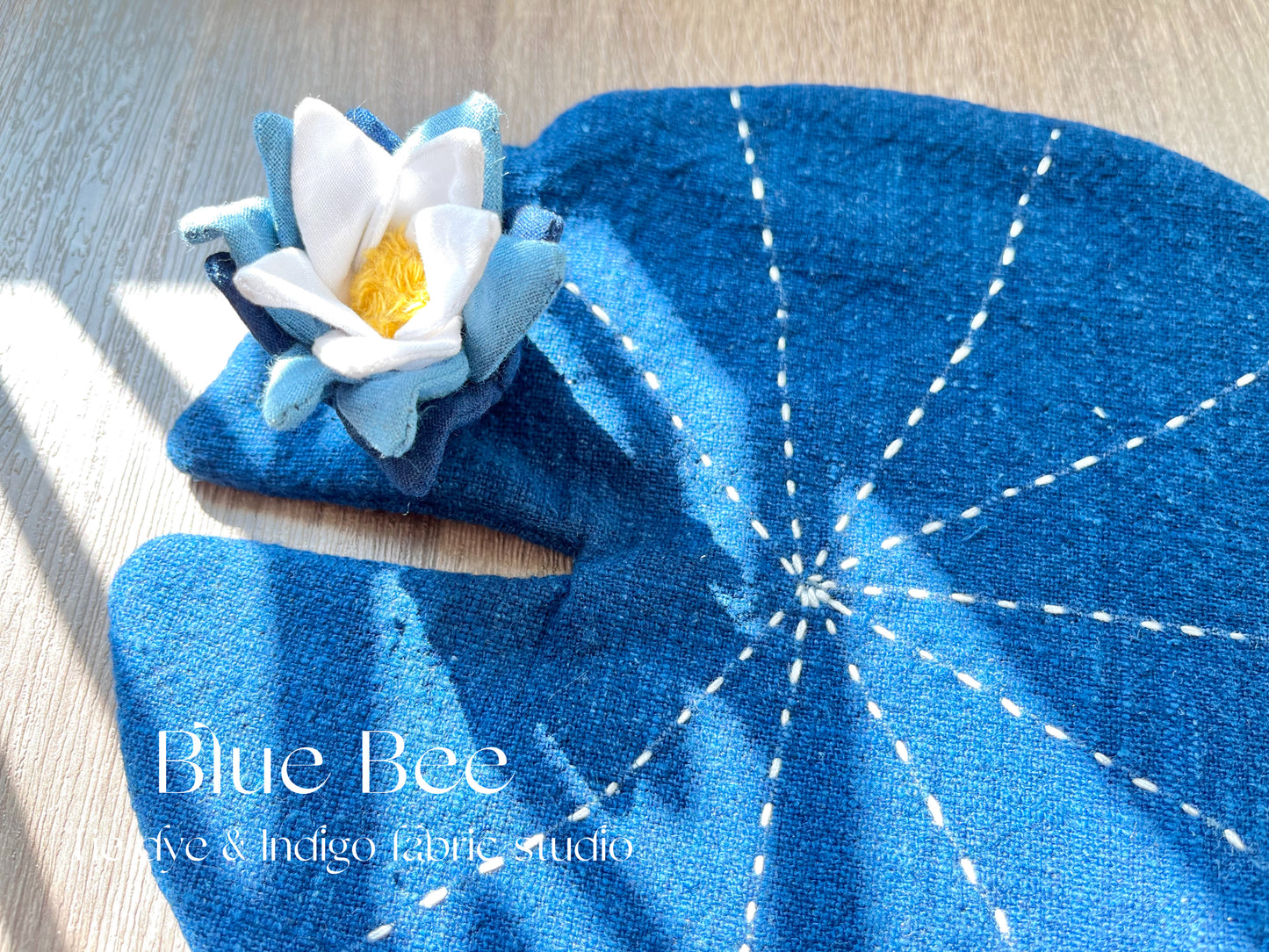 Pretty Lotus hand-sewn drink coaster/ teapot pad. Natural indigo dye coaster with hand-embroidery decor.