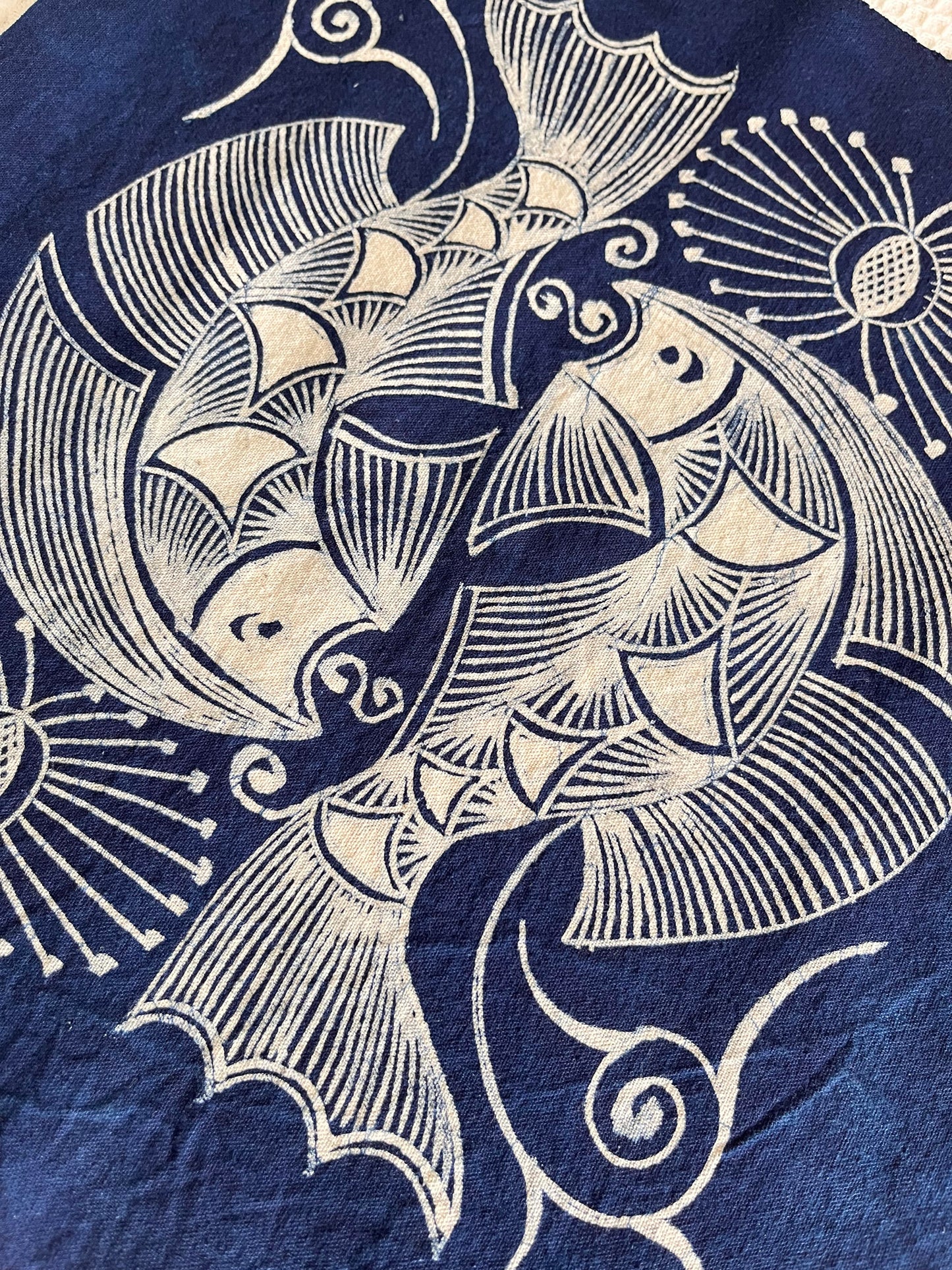 Hand-painted batik fish decorative painting in natural indigo dye linen. Hmong fish totem indigo fibre art wall decor (not include frame).