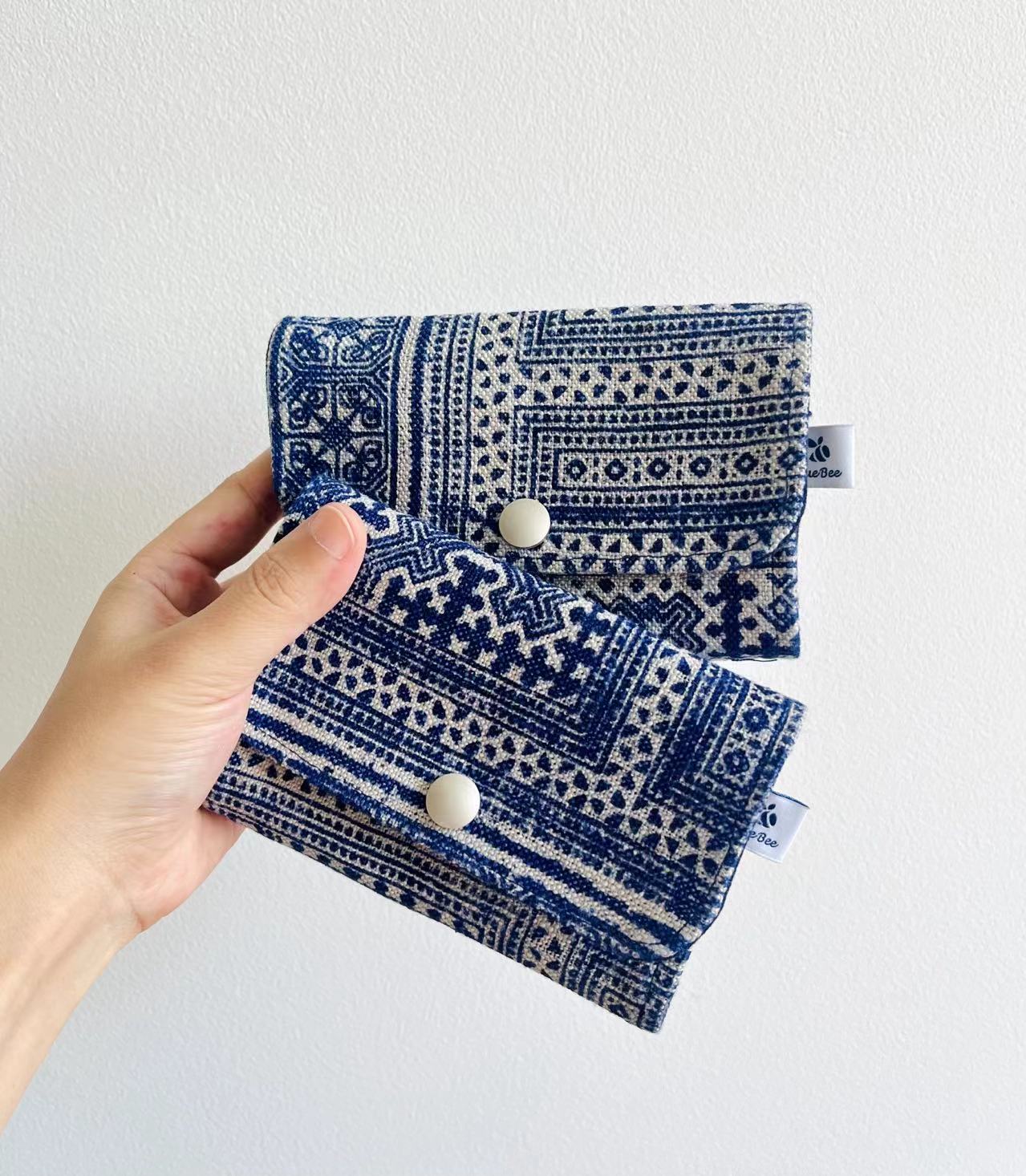 Indigo hand-painted batik zipper snap card/ coin/ keys pouch. Multifunctional snap wallet in Hmong indigo batik dyed art.