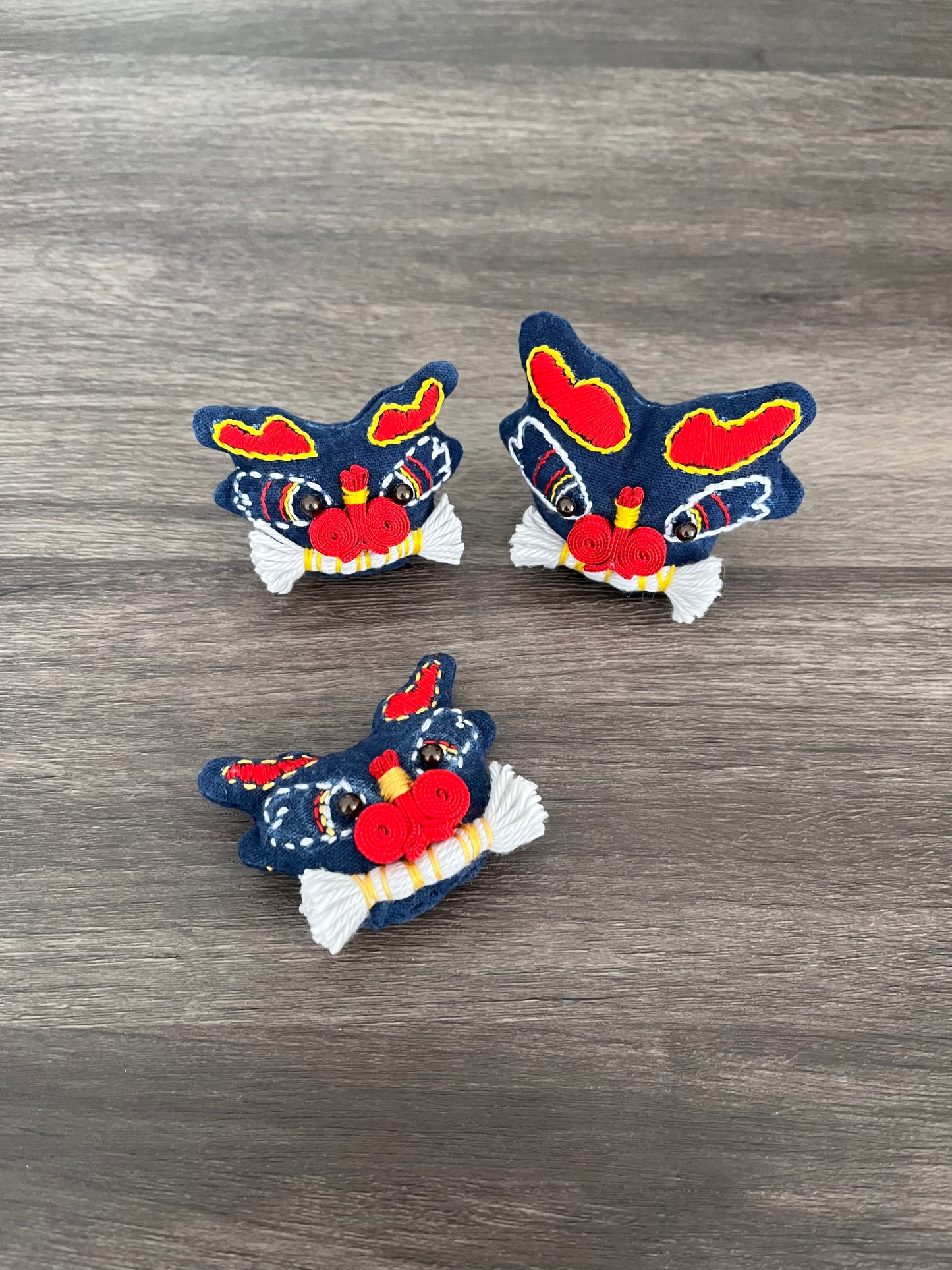 Unique hand-embroidery Indigo dye dragon brooch/ pin. Original dragon design as a lucky mascot! Handmade with love.