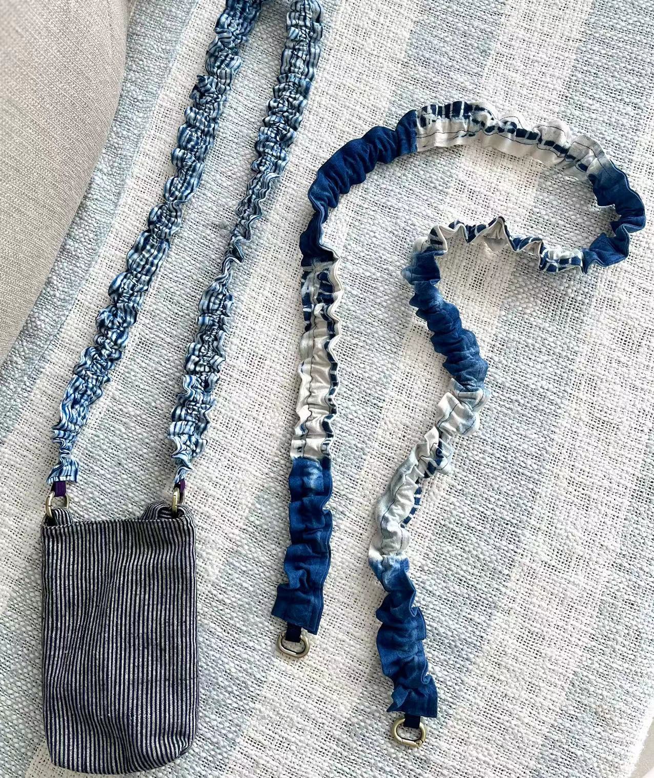 Indigo shibori/ hand woven patchwork stylish mobile phone strap/ lanyard in 130cm length (phone patch is included). A unique crossbody lanyard with your bags.