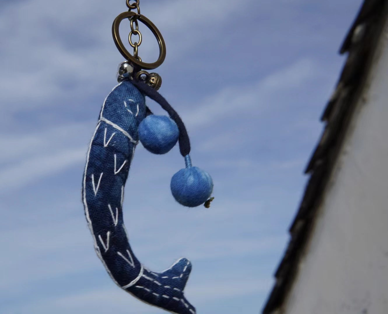 Natural indigo dyed hand-embroidery Lucky Fish key chain. An unique lucky fish bag ornament/ car hanging/ key chain with small bells.