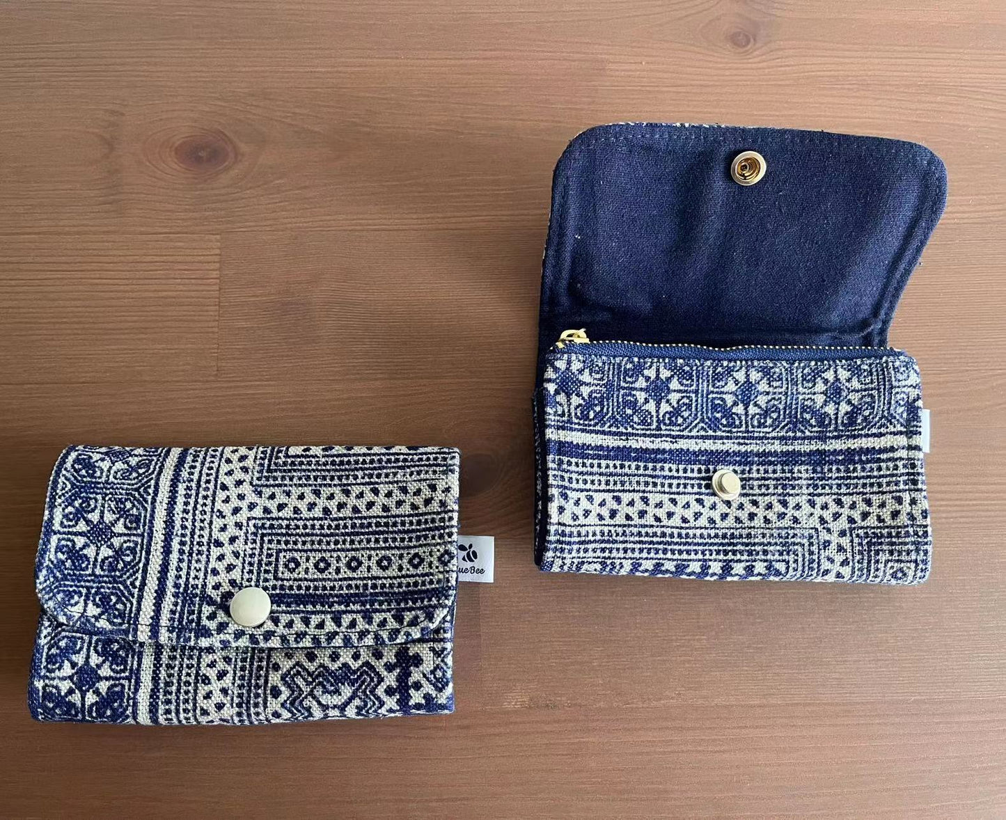 Indigo hand-painted batik zipper snap card/ coin/ keys pouch. Multifunctional snap wallet in Hmong indigo batik dyed art.