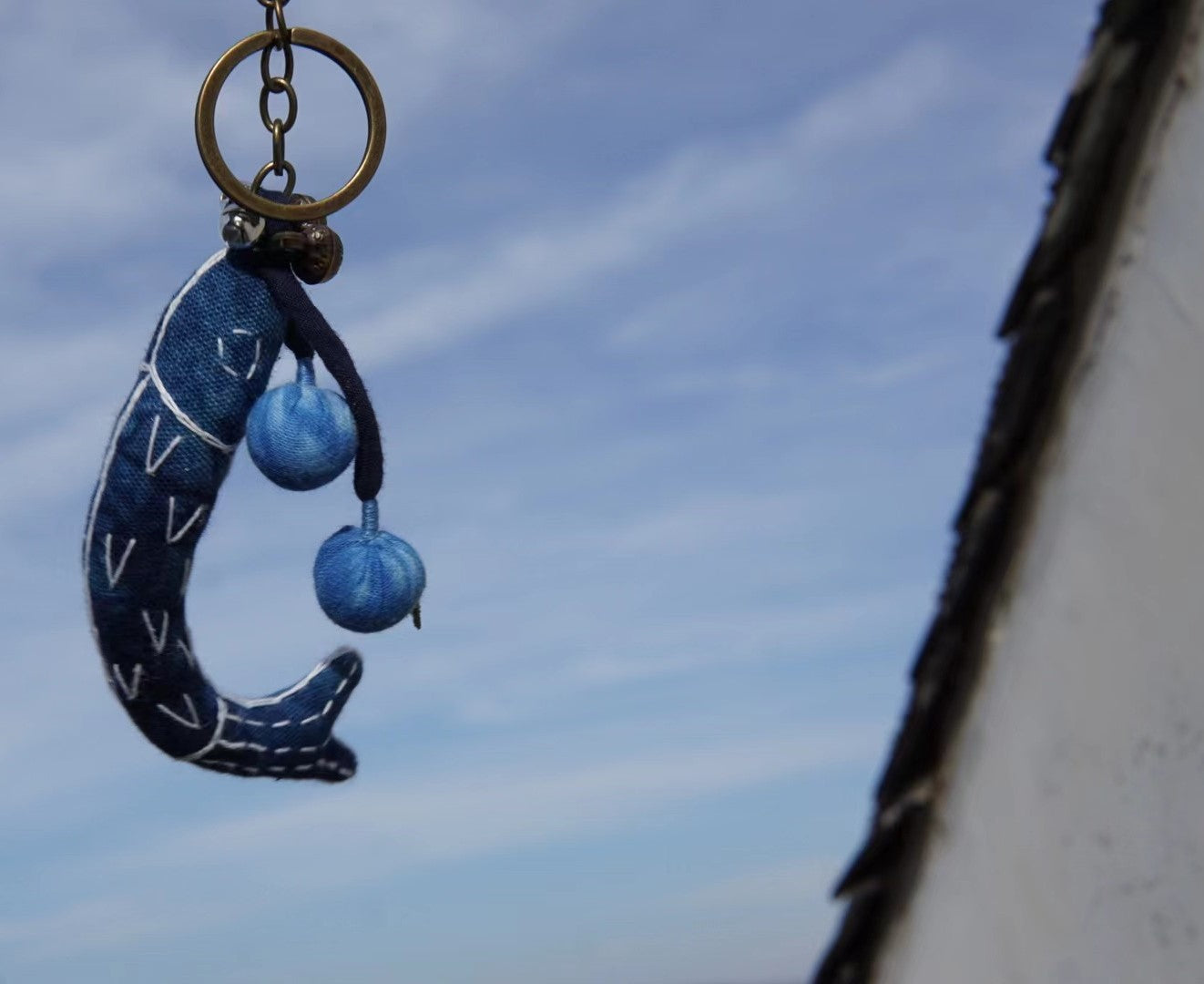 Natural indigo dyed hand-embroidery Lucky Fish key chain. An unique lucky fish bag ornament/ car hanging/ key chain with small bells.