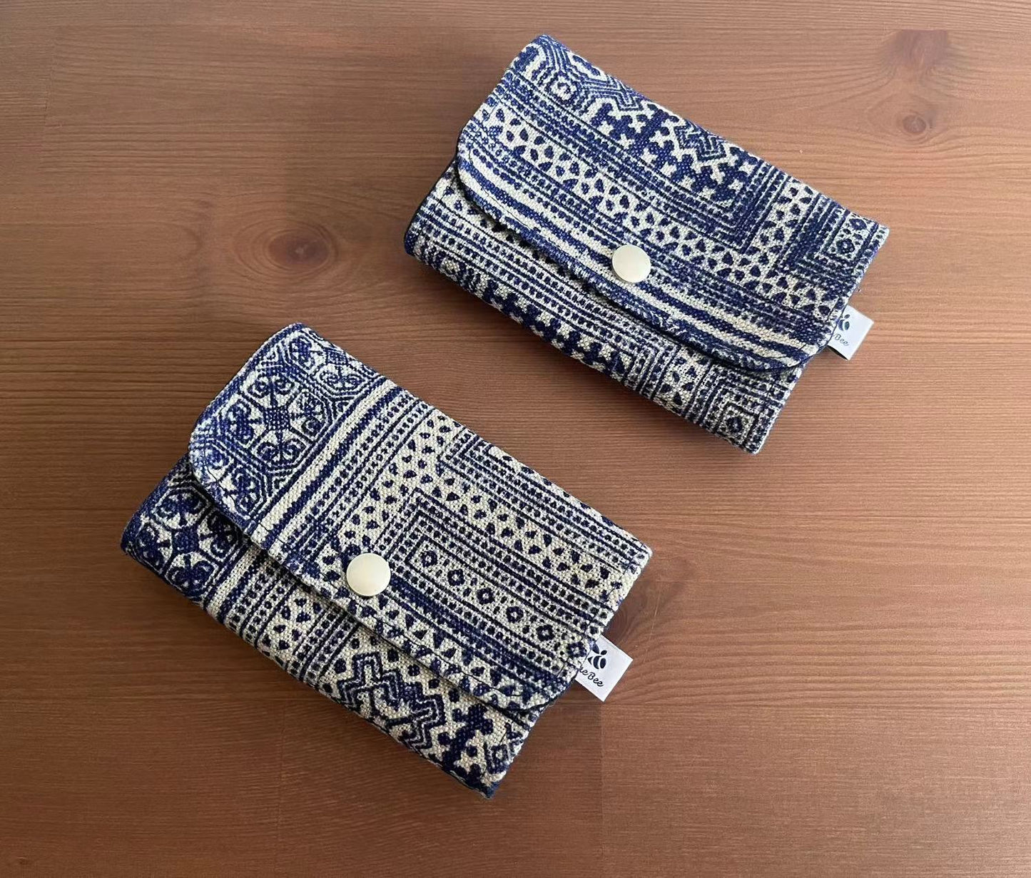 Indigo hand-painted batik zipper snap card/ coin/ keys pouch. Multifunctional snap wallet in Hmong indigo batik dyed art.