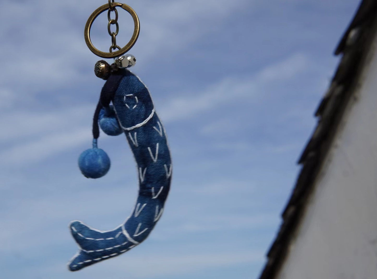 Natural indigo dyed hand-embroidery Lucky Fish key chain. An unique lucky fish bag ornament/ car hanging/ key chain with small bells.