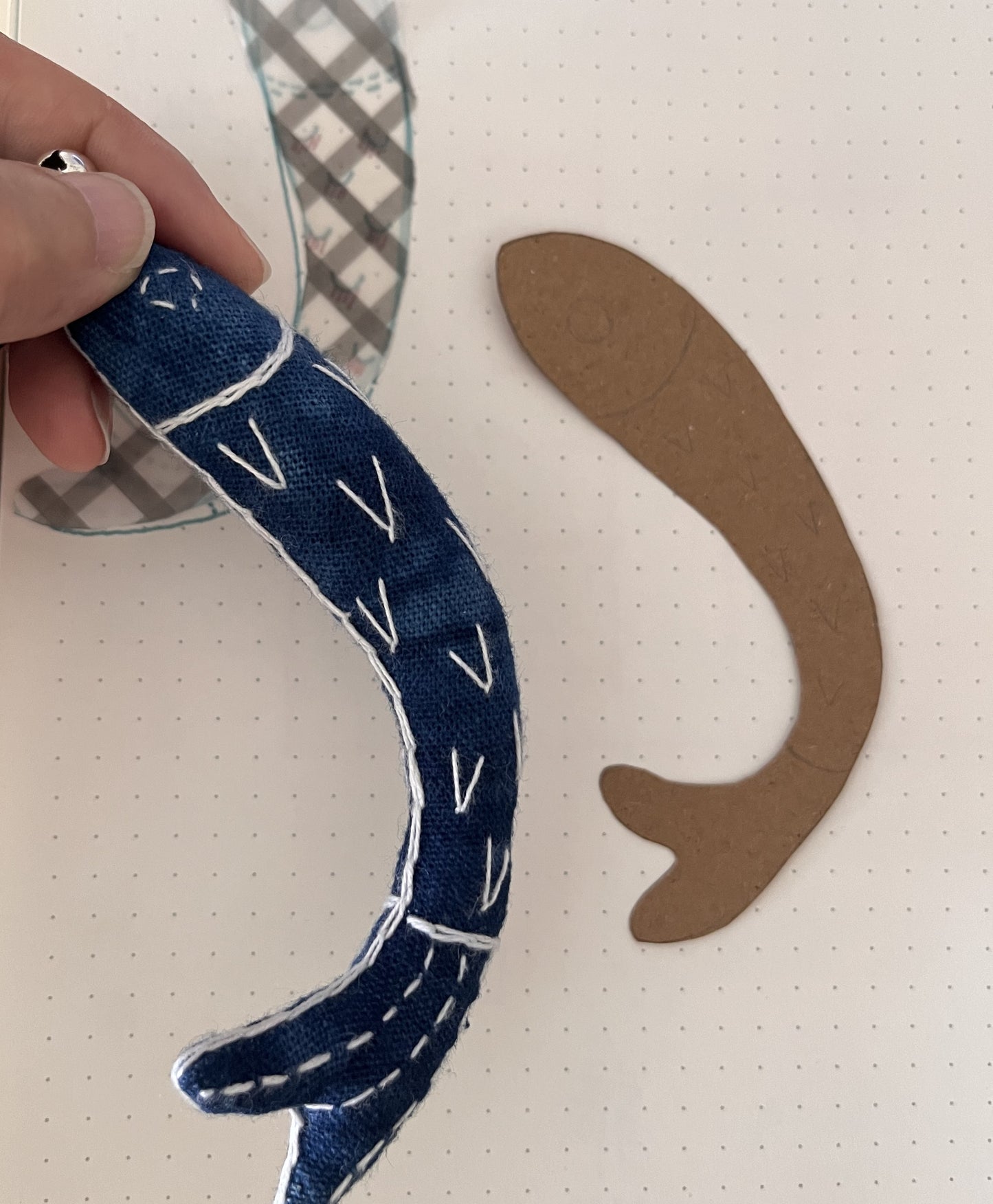 Natural indigo dyed hand-embroidery Lucky Fish key chain. An unique lucky fish bag ornament/ car hanging/ key chain with small bells.