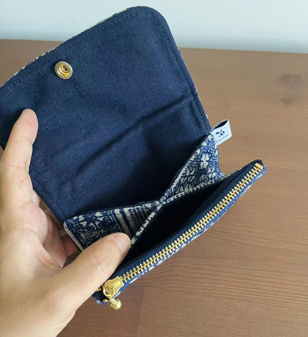 Indigo hand-painted batik zipper snap card/ coin/ keys pouch. Multifunctional snap wallet in Hmong indigo batik dyed art.