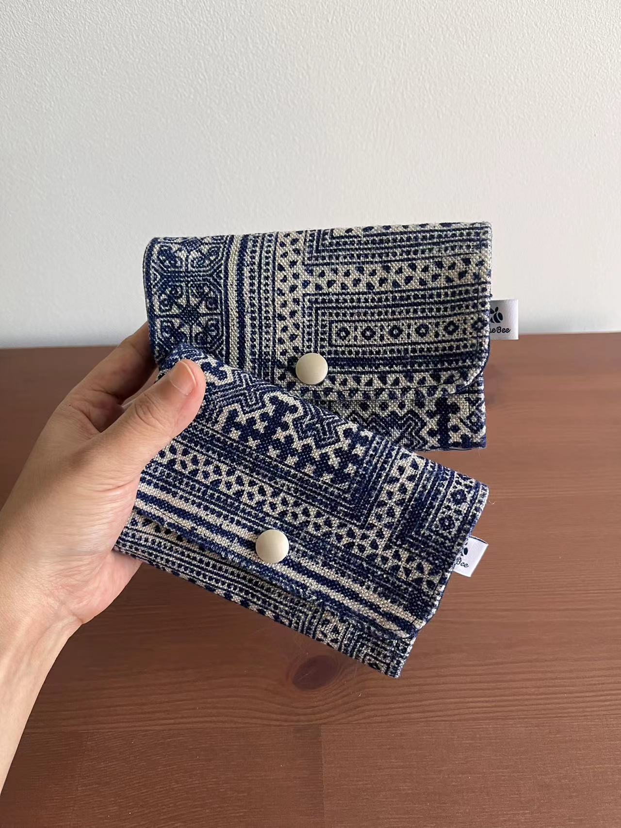 Indigo hand-painted batik zipper snap card/ coin/ keys pouch. Multifunctional snap wallet in Hmong indigo batik dyed art.