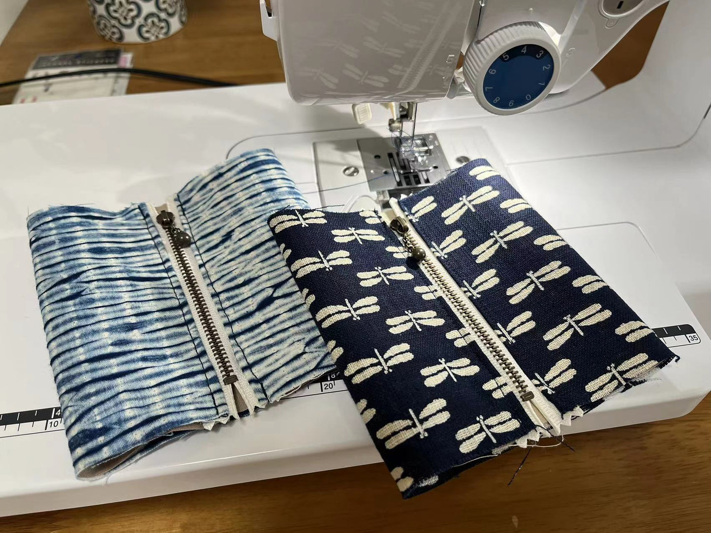 Handcrafted Mini indigo zipper hanging pouch within tie dye stripes fabric or Japanese indigo fabric for AirPods, keys or lipsticks. Your Chic On-the-Go Companion!