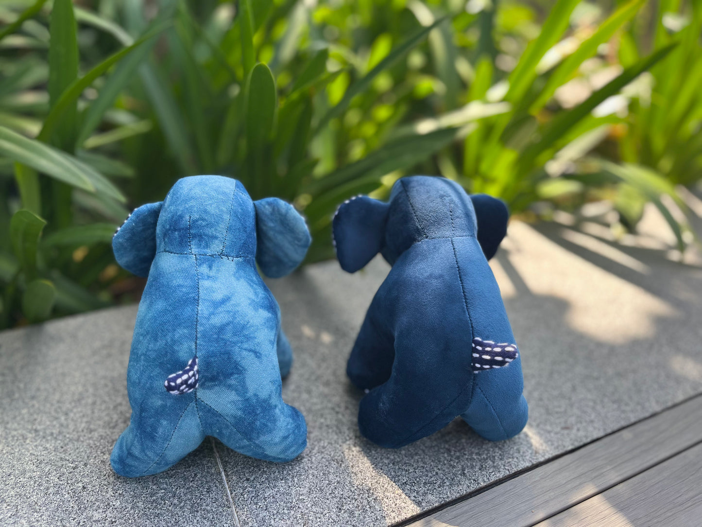 Handmade indigo tie dye baby elephant table decor / door stopper. Lovely stuffed elephant decor in Sashiko embroidery for your home!