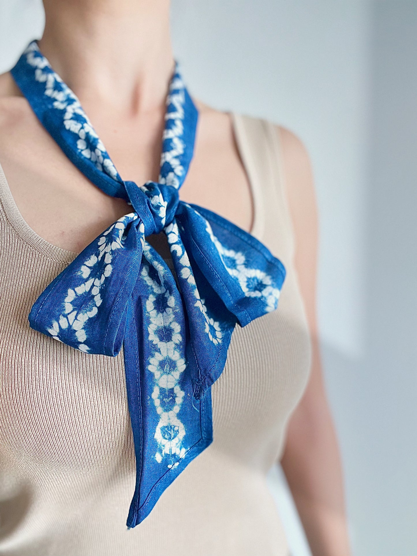 Indigo tie dyed headband ribbon / hair scarf / neck wrap ribbon / bag accessory in plum bossom pattern. A lovely birthday gift for her!
