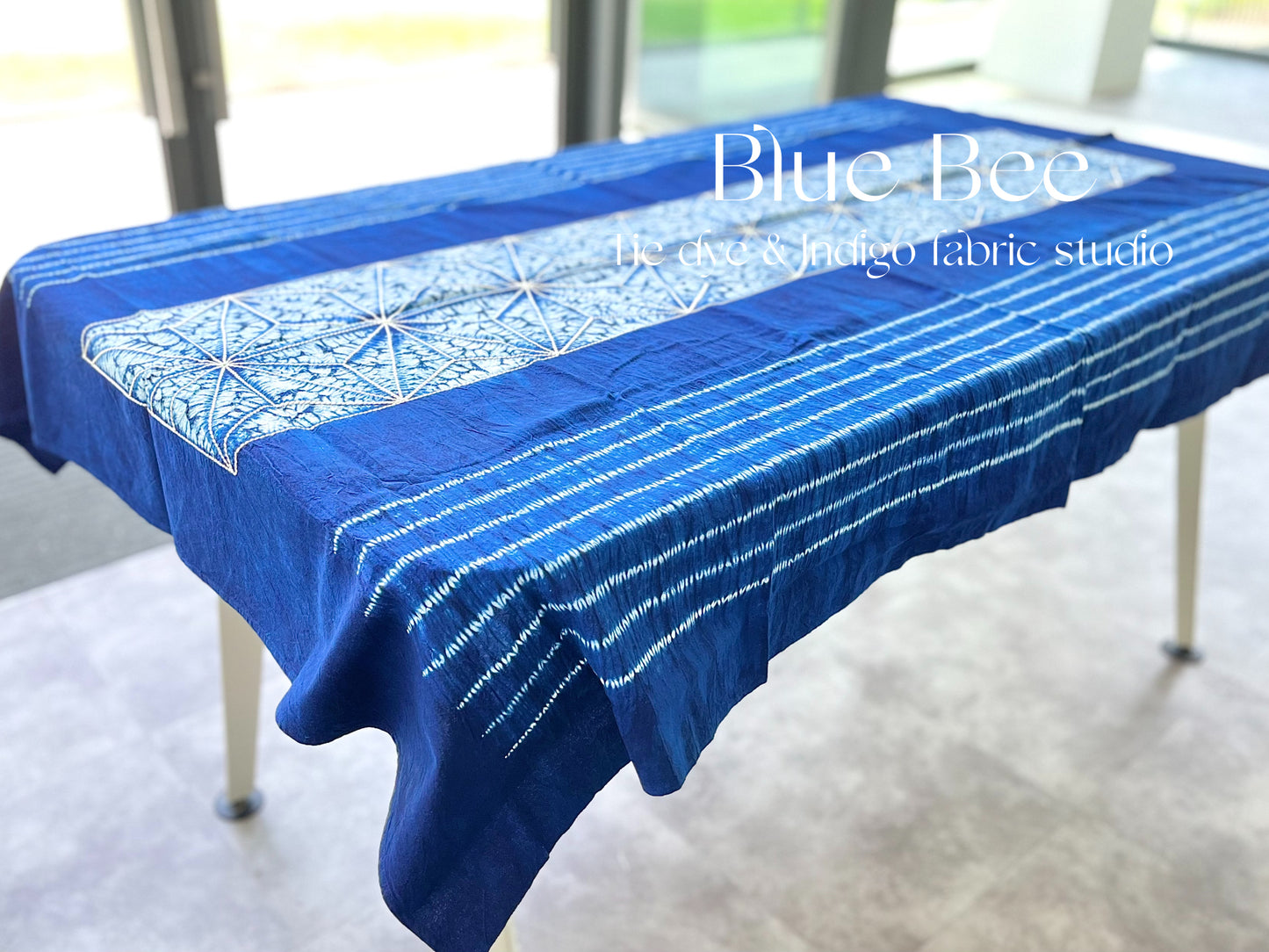 Natural indigo dye tablecloth. Eucalyptus leaf tie dye table linens, stripes tapestry, boho wall hanging, outdoor blanket, 65 * 45 in