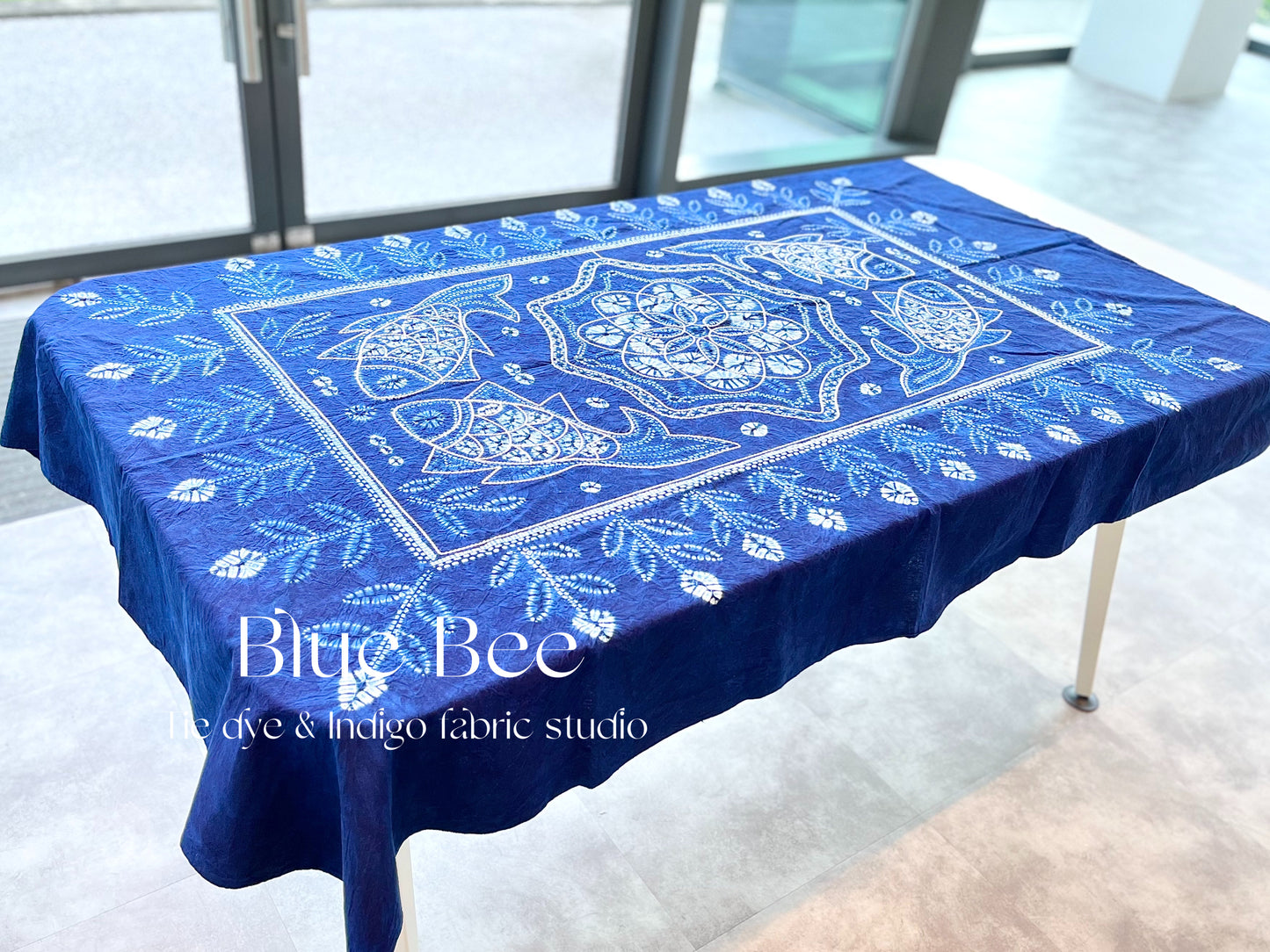 Koi fishes and floral tie dye tablecloth, indigo rectangle table linen, fish art tapestry, Boho wall hanging, picnic blanket.