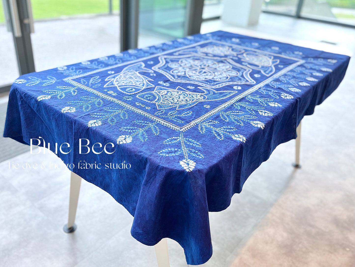 Koi fishes and floral tie dye tablecloth, indigo rectangle table linen, fish art tapestry, Boho wall hanging, picnic blanket.