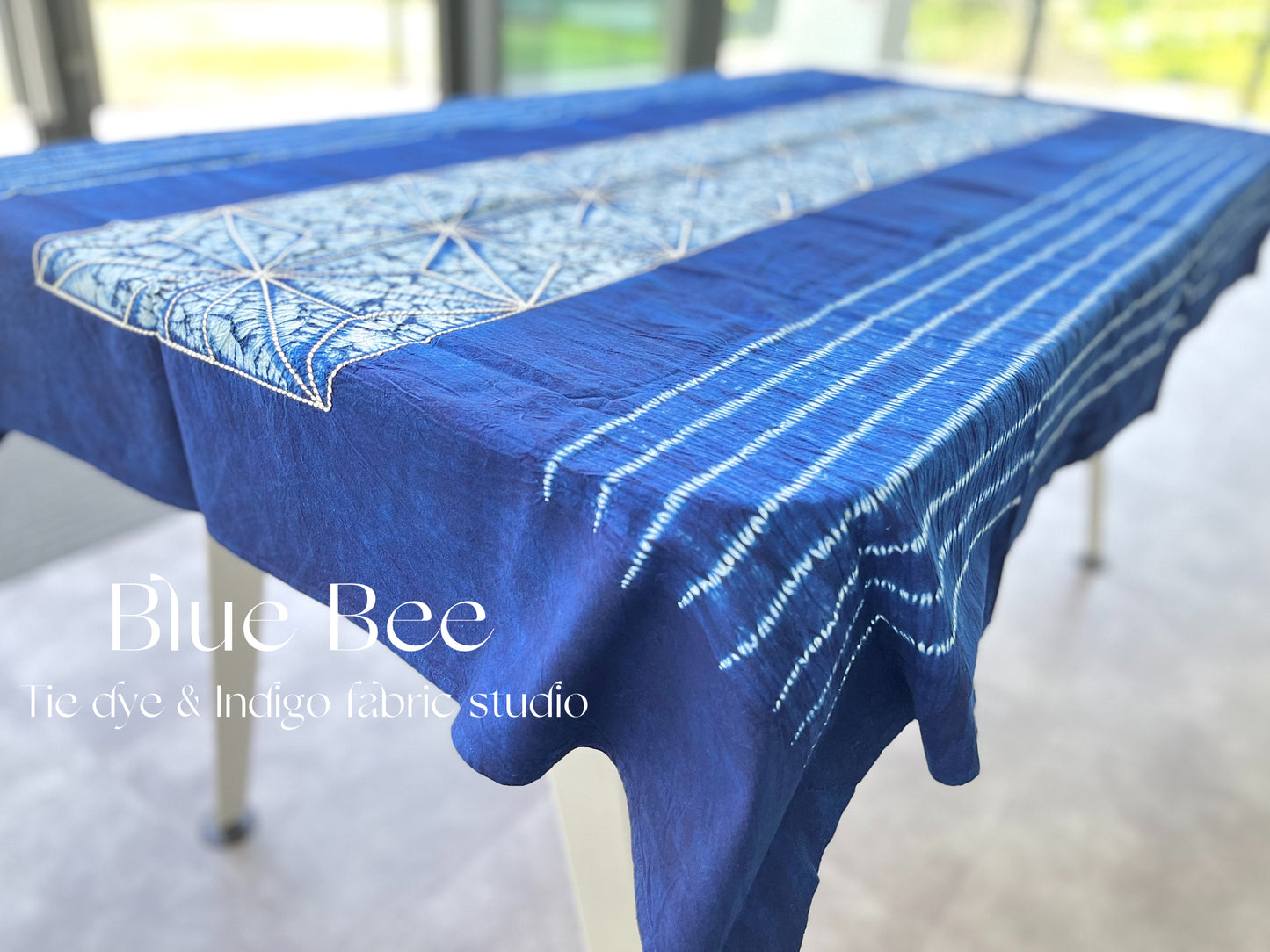 Natural indigo dye tablecloth. Eucalyptus leaf tie dye table linens, stripes tapestry, boho wall hanging, outdoor blanket, 65 * 45 in