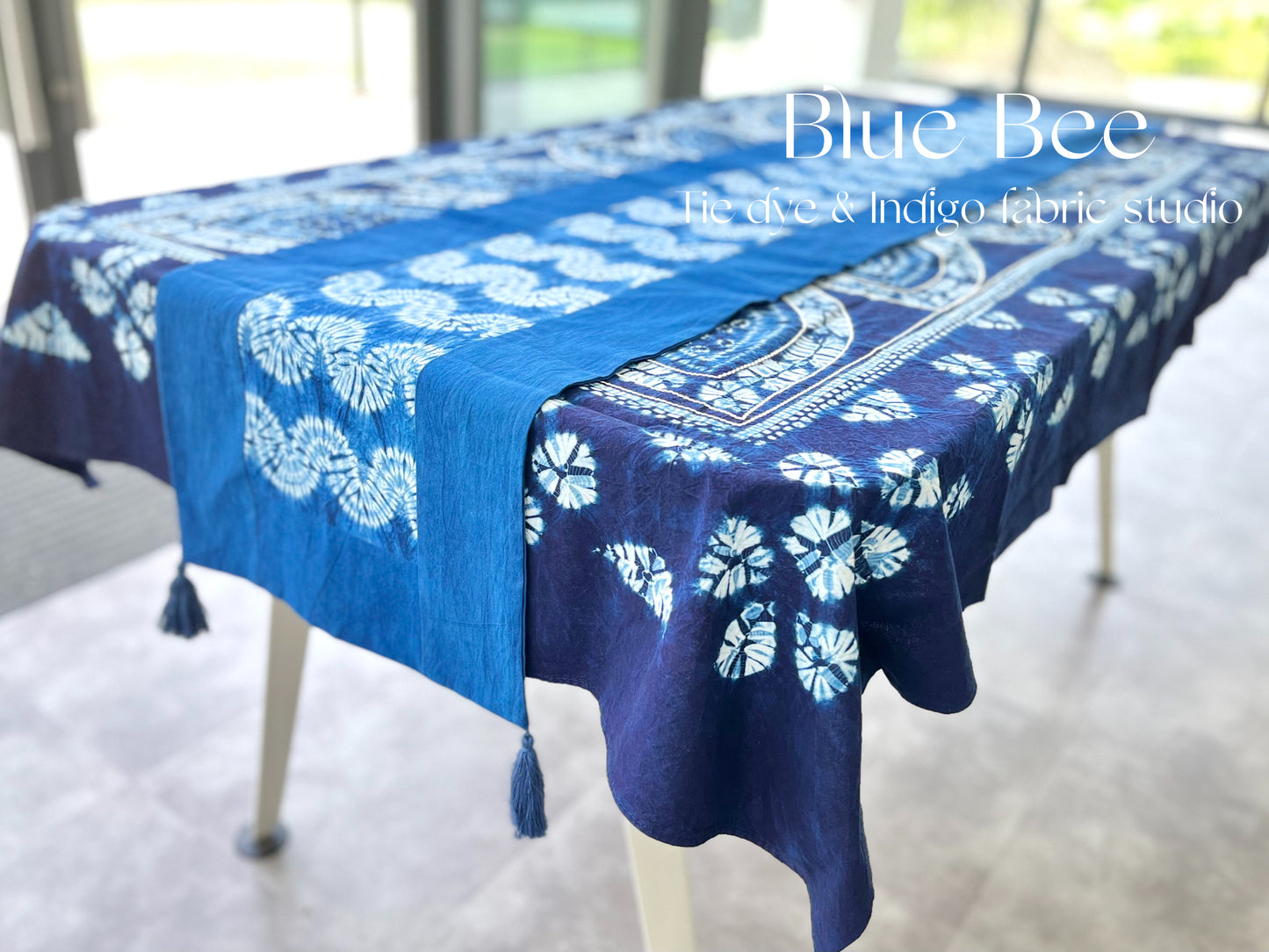 Indigo tie dye table runner with wavy cloud / connected rings pattern. Handmade table runner / tapestry / boho wall hanging. Unique home decor for you! 71 * 14 in
