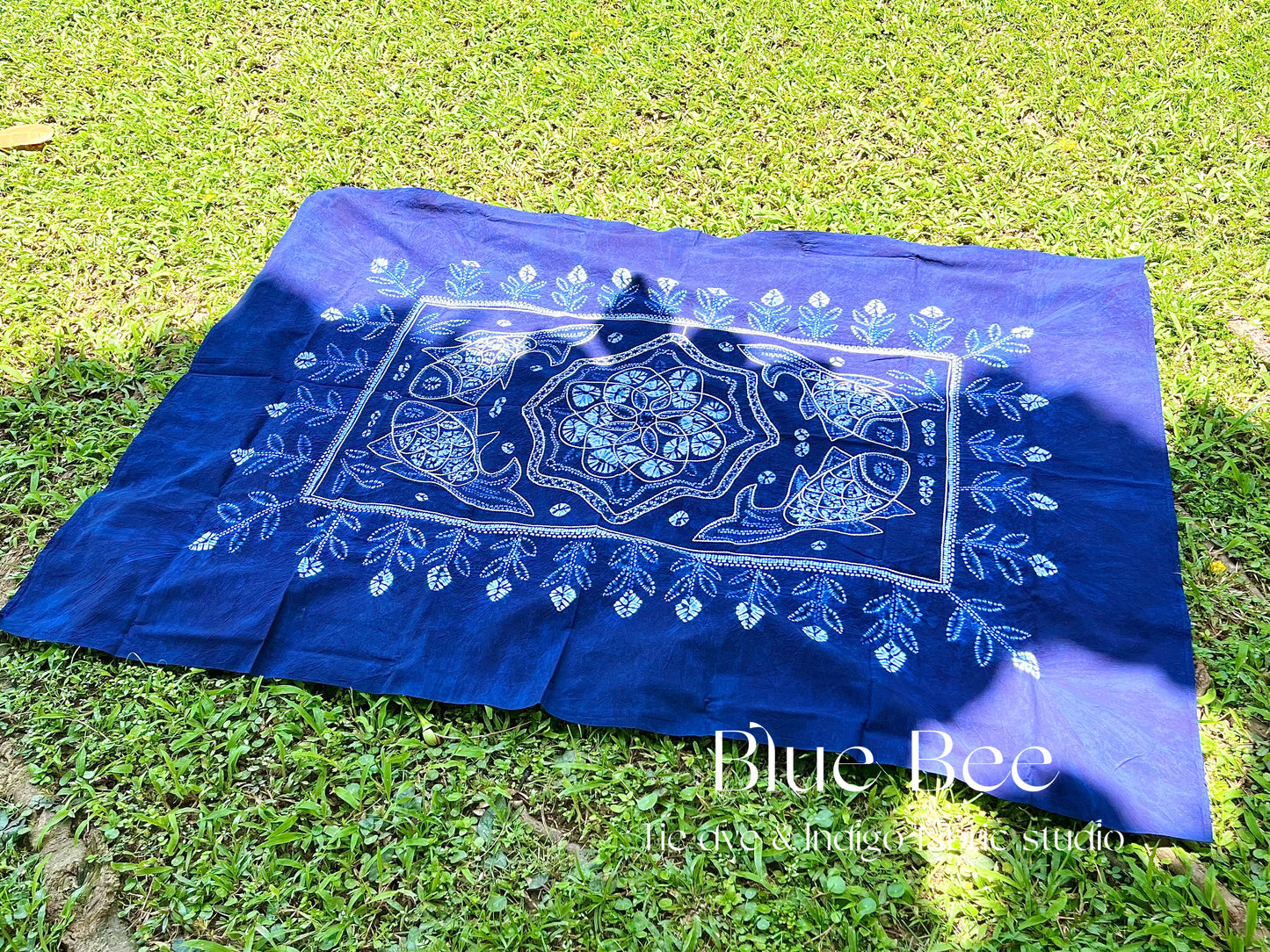 Koi fishes and floral tie dye tablecloth, indigo rectangle table linen, fish art tapestry, Boho wall hanging, picnic blanket.