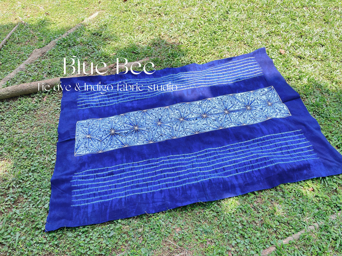 Natural indigo dye tablecloth. Eucalyptus leaf tie dye table linens, stripes tapestry, boho wall hanging, outdoor blanket, 65 * 45 in