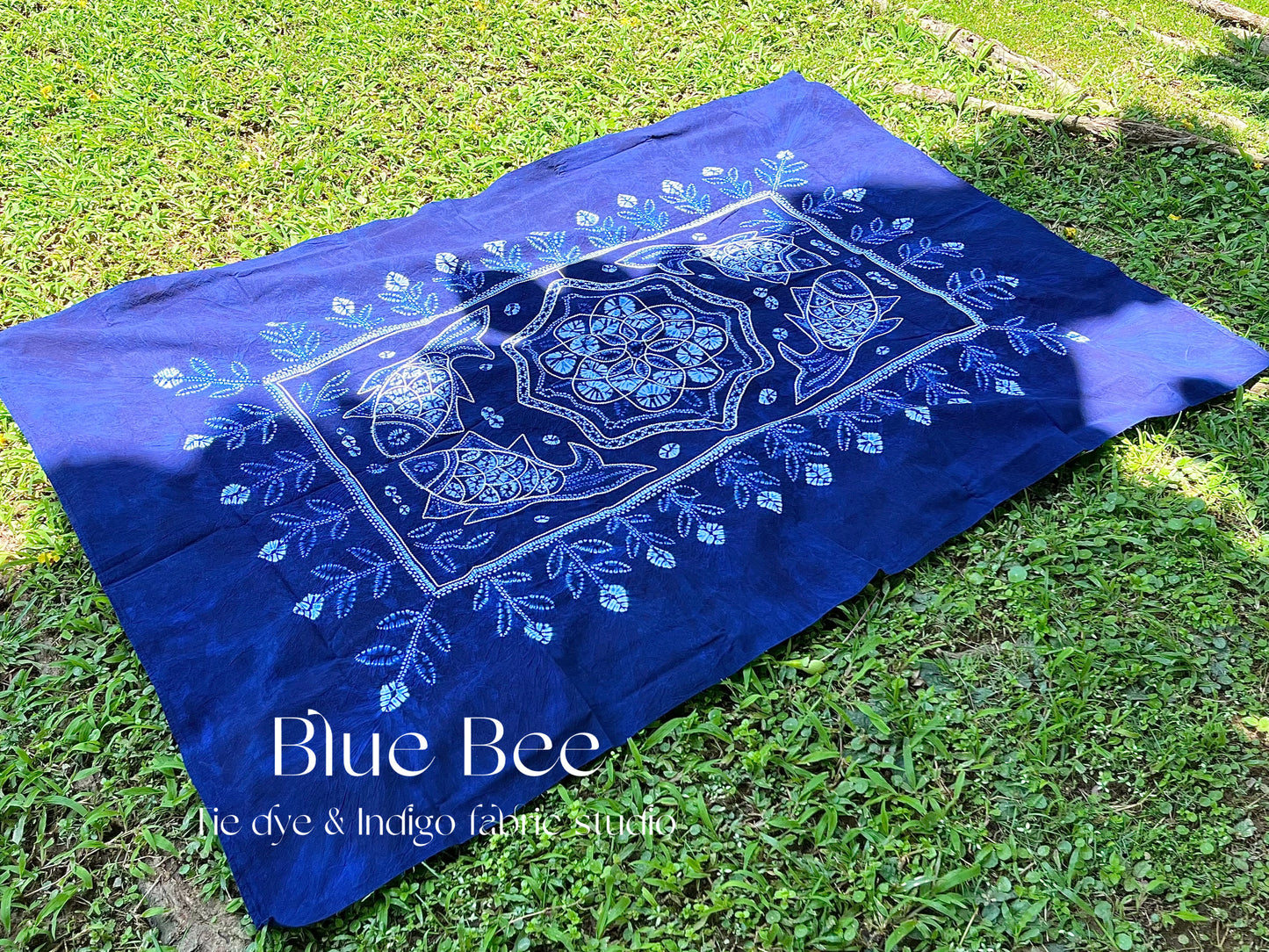 Koi fishes and floral tie dye tablecloth, indigo rectangle table linen, fish art tapestry, Boho wall hanging, picnic blanket.
