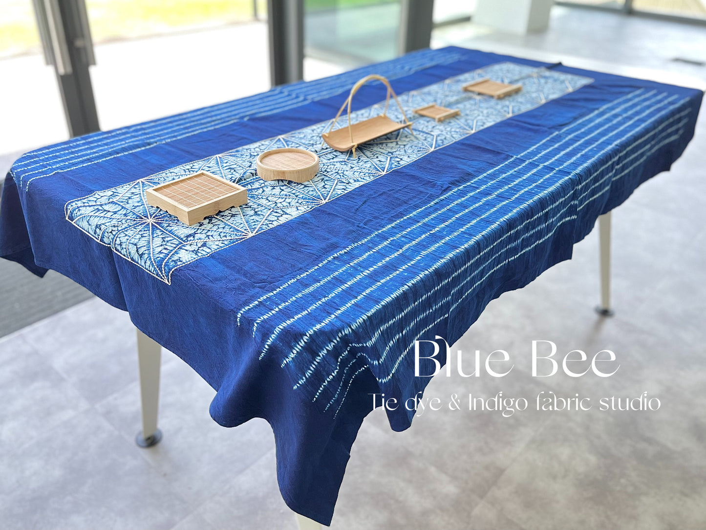 Natural indigo dye tablecloth. Eucalyptus leaf tie dye table linens, stripes tapestry, boho wall hanging, outdoor blanket, 65 * 45 in