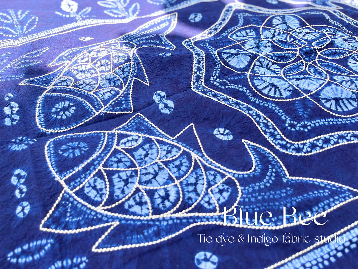 Koi fishes and floral tie dye tablecloth, indigo rectangle table linen, fish art tapestry, Boho wall hanging, picnic blanket.
