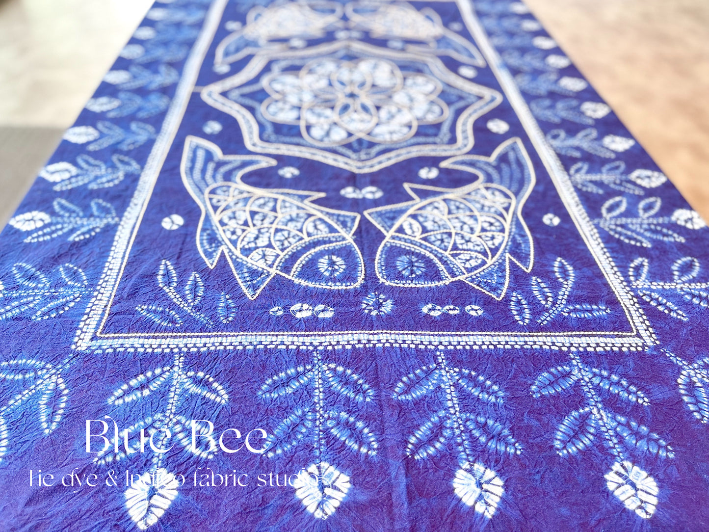 Koi fishes and floral tie dye tablecloth, indigo rectangle table linen, fish art tapestry, Boho wall hanging, picnic blanket.