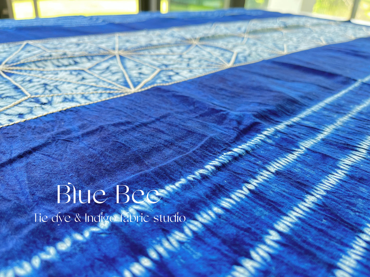 Natural indigo dye tablecloth. Eucalyptus leaf tie dye table linens, stripes tapestry, boho wall hanging, outdoor blanket, 65 * 45 in