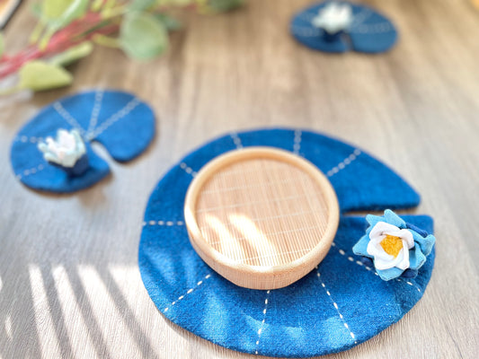 Pretty Lotus hand-sewn drink coaster/ teapot pad. Natural indigo dye coaster with hand-embroidery decor.