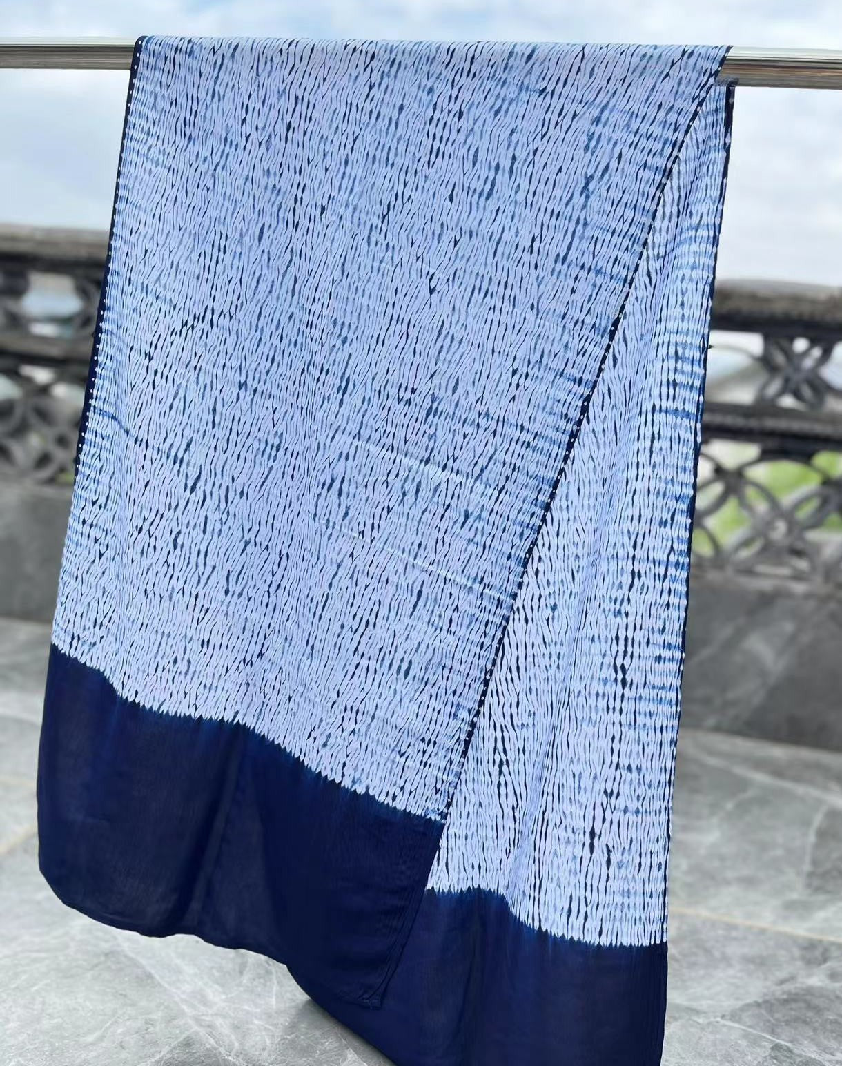 Indigo white stripes shibori Shawl/ Scarf (45cm*175cm) in light, breathable and soft cotton fabric. Perfect for wearing in air-conditioned rooms or outdoors.