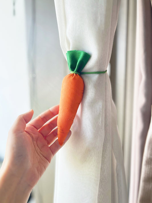 Hand sewn creative vegetable curtain tieback. Carrot shaped pendant, sachet, ornament with herbs scented.