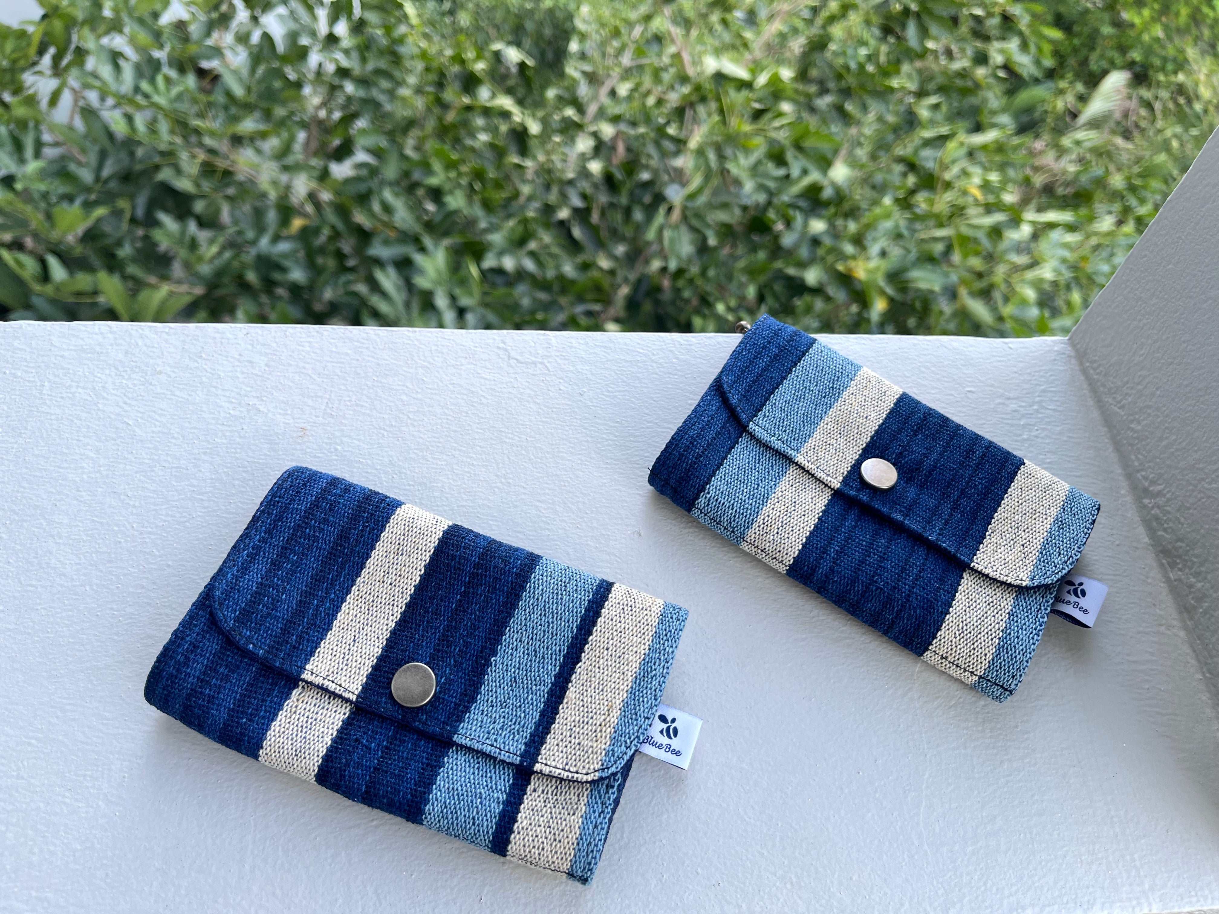 Indigo-dyed hand-woven striped fabric zipper snap card/ coin/ keys
