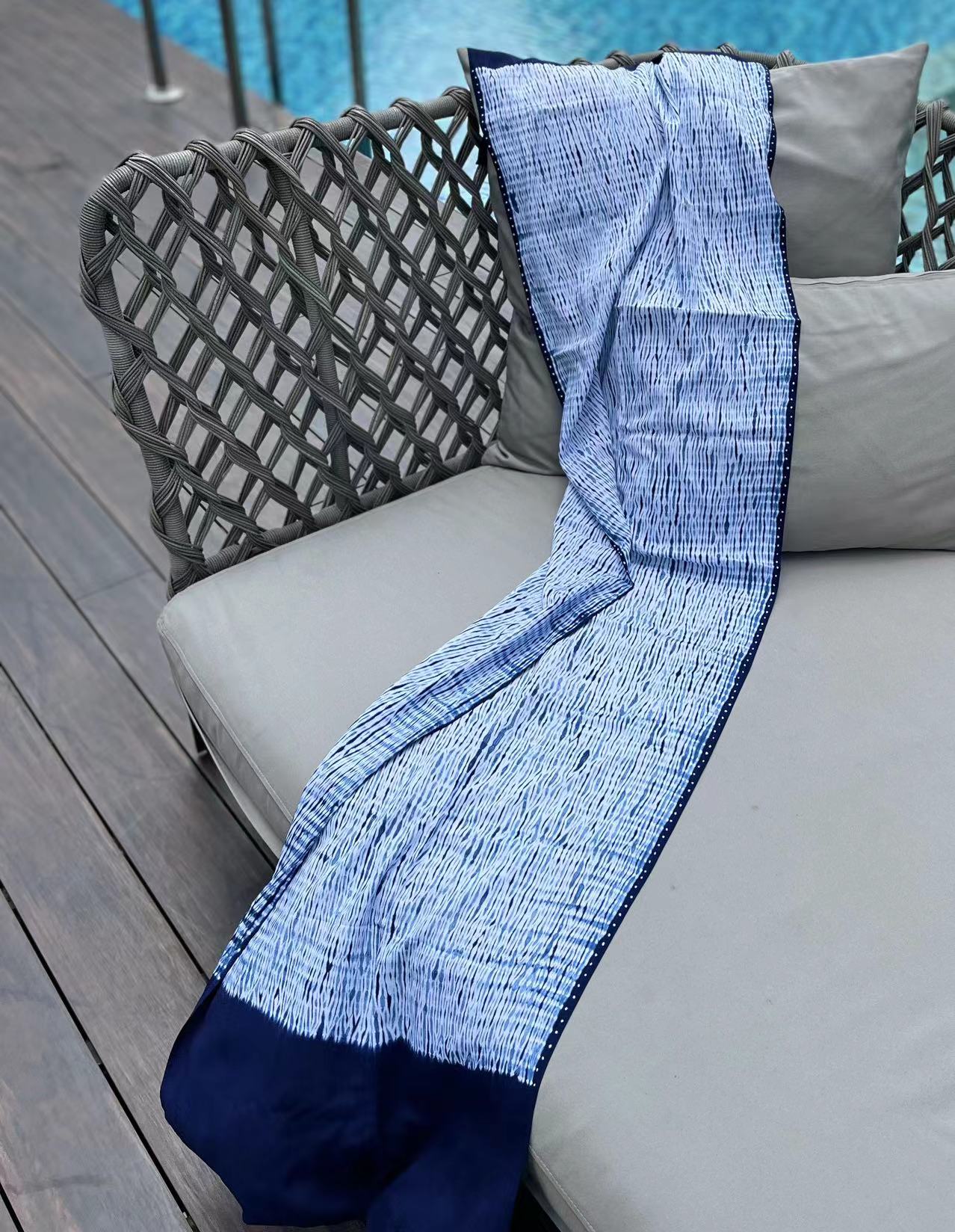 Indigo white stripes shibori Shawl/ Scarf (45cm*175cm) in light, breathable and soft cotton fabric. Perfect for wearing in air-conditioned rooms or outdoors.