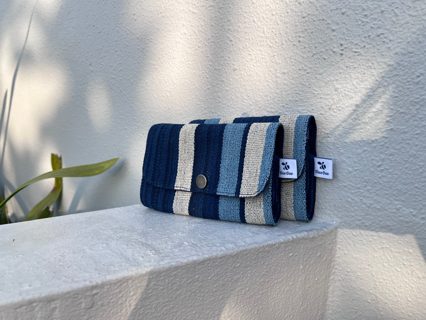 Indigo-dyed hand-woven striped fabric zipper snap card/ coin/ keys pouch. Multifunctional snap wallet in naturally dyed hand-loom woven fabric.