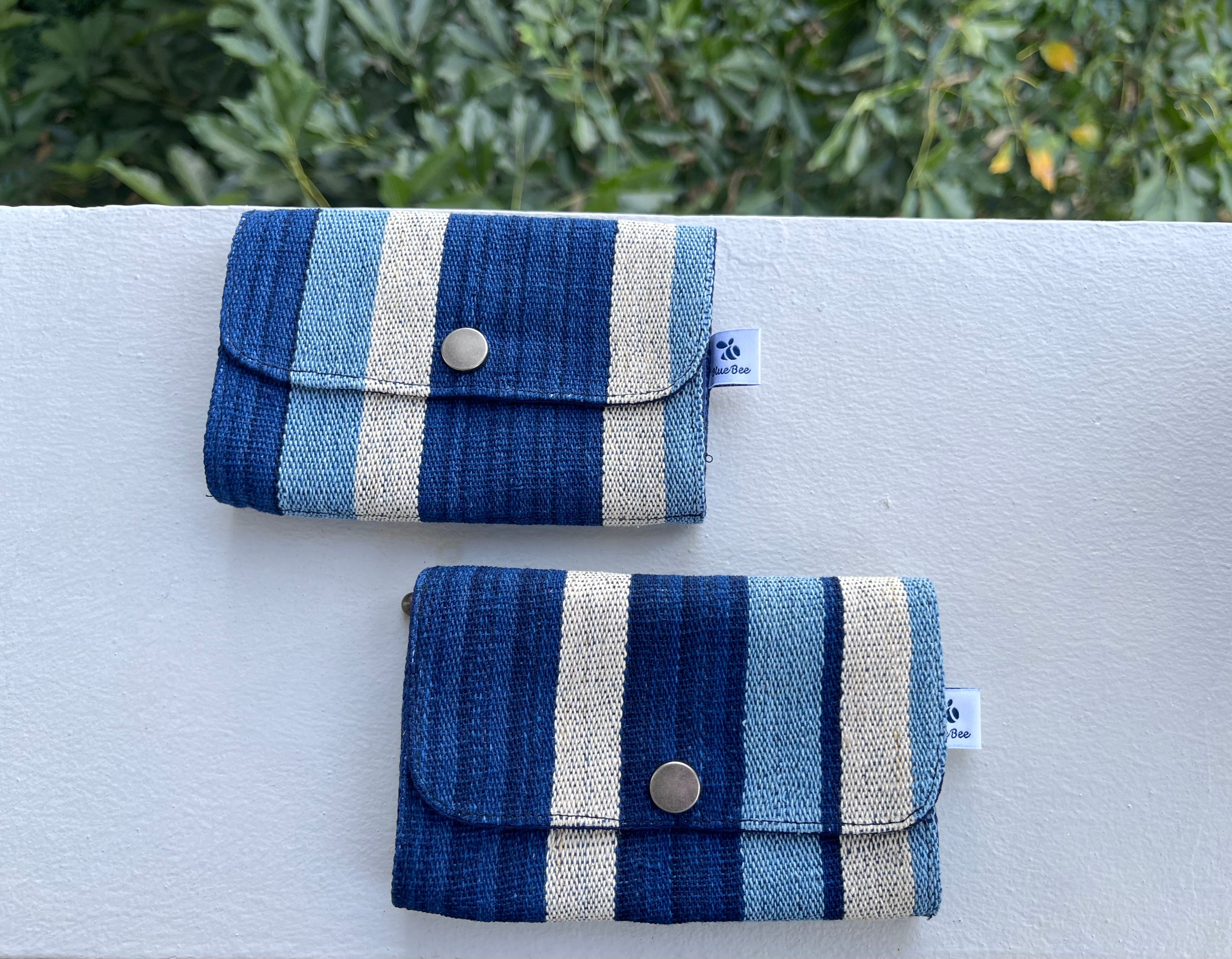 Indigo-dyed hand-woven striped fabric zipper snap card/ coin/ keys