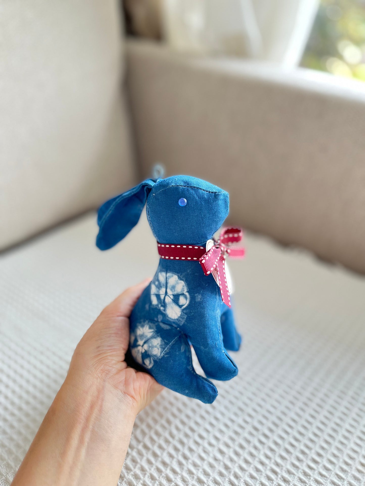 Natural indigo tie dye rabbit ornament, sachet, pendant with lavender scented for bunny lovers. Bunny soft toys, wedding chic gift!