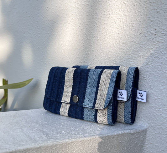 Indigo-dyed hand-woven striped fabric zipper snap card/ coin/ keys pouch. Multifunctional snap wallet in naturally dyed hand-loom woven fabric.