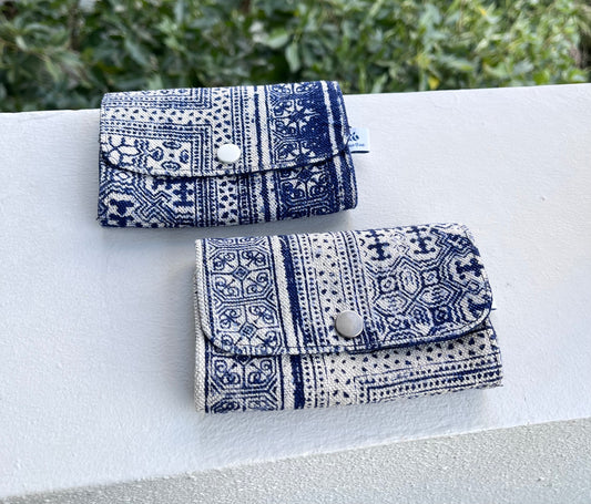 Indigo hand-painted batik zipper snap card/ coin/ keys pouch. Multifunctional snap wallet in Hmong indigo batik dyed art.