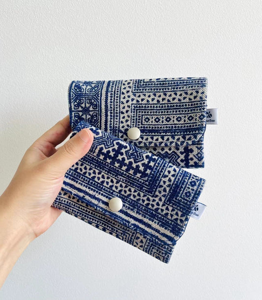 Indigo hand-painted batik zipper snap card/ coin/ keys pouch. Multifunctional snap wallet in Hmong indigo batik dyed art.