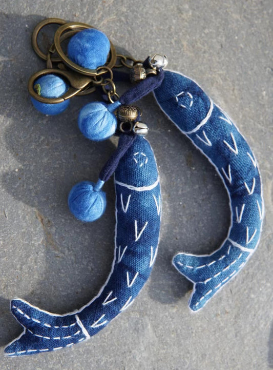 Natural indigo dyed hand-embroidery Lucky Fish key chain. An unique lucky fish bag ornament/ car hanging/ key chain with small bells.