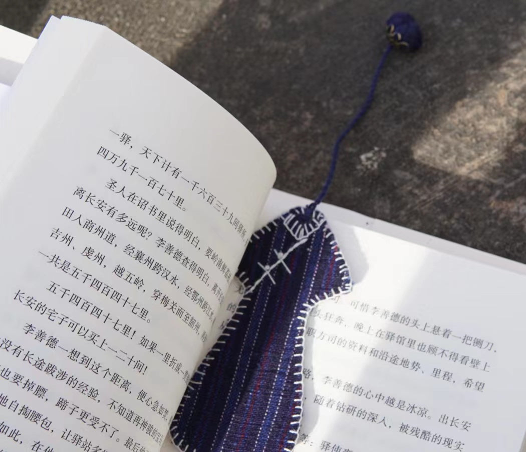 Hand-sewing Cheongsam design bookmark in indigo hand-woven cloth. Cute mini Cheongsam dress bookmark as unique gift for her/ him.