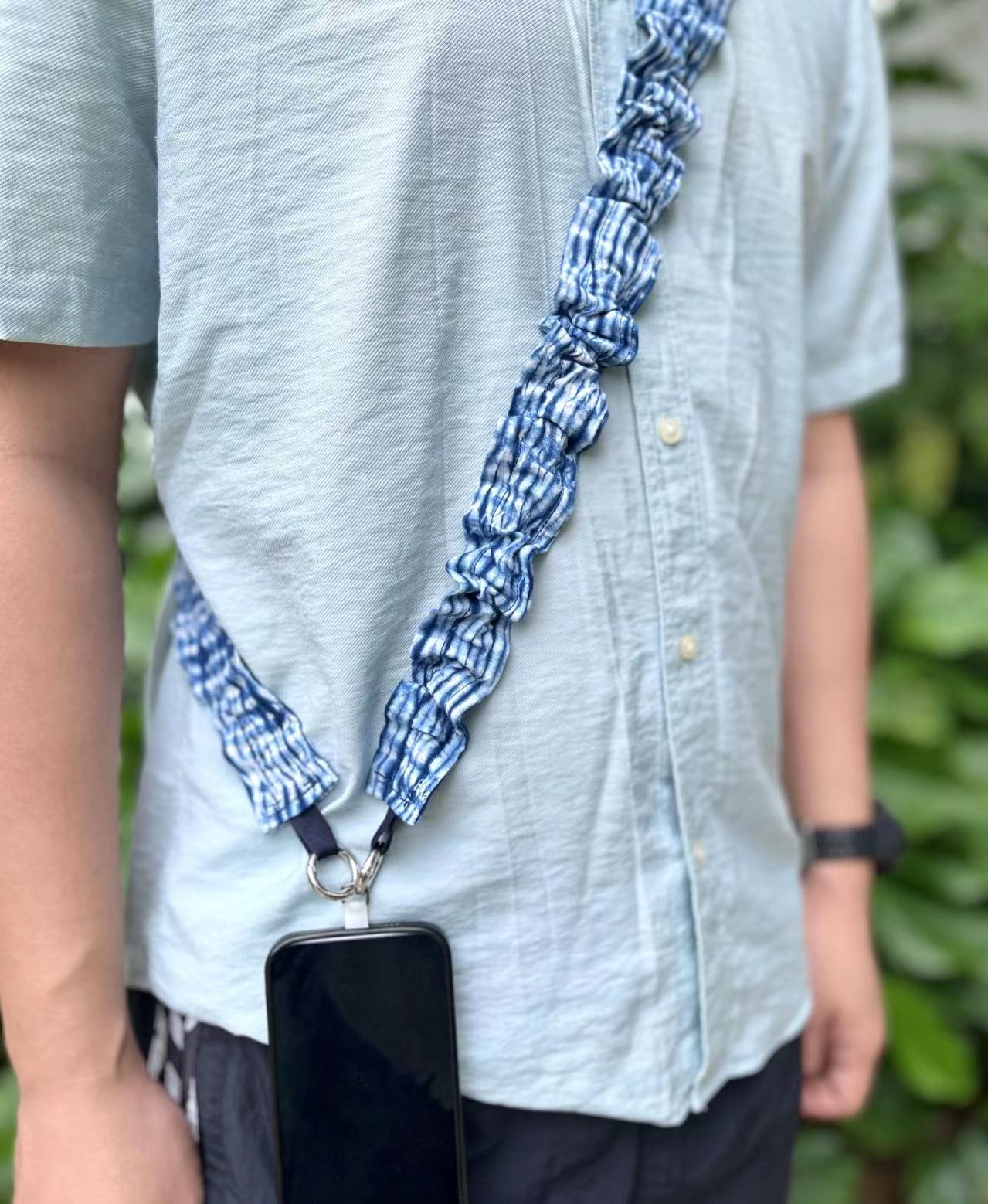 Indigo shibori/ hand woven patchwork stylish mobile phone strap/ lanyard in 130cm length (phone patch is included). A unique crossbody lanyard with your bags.