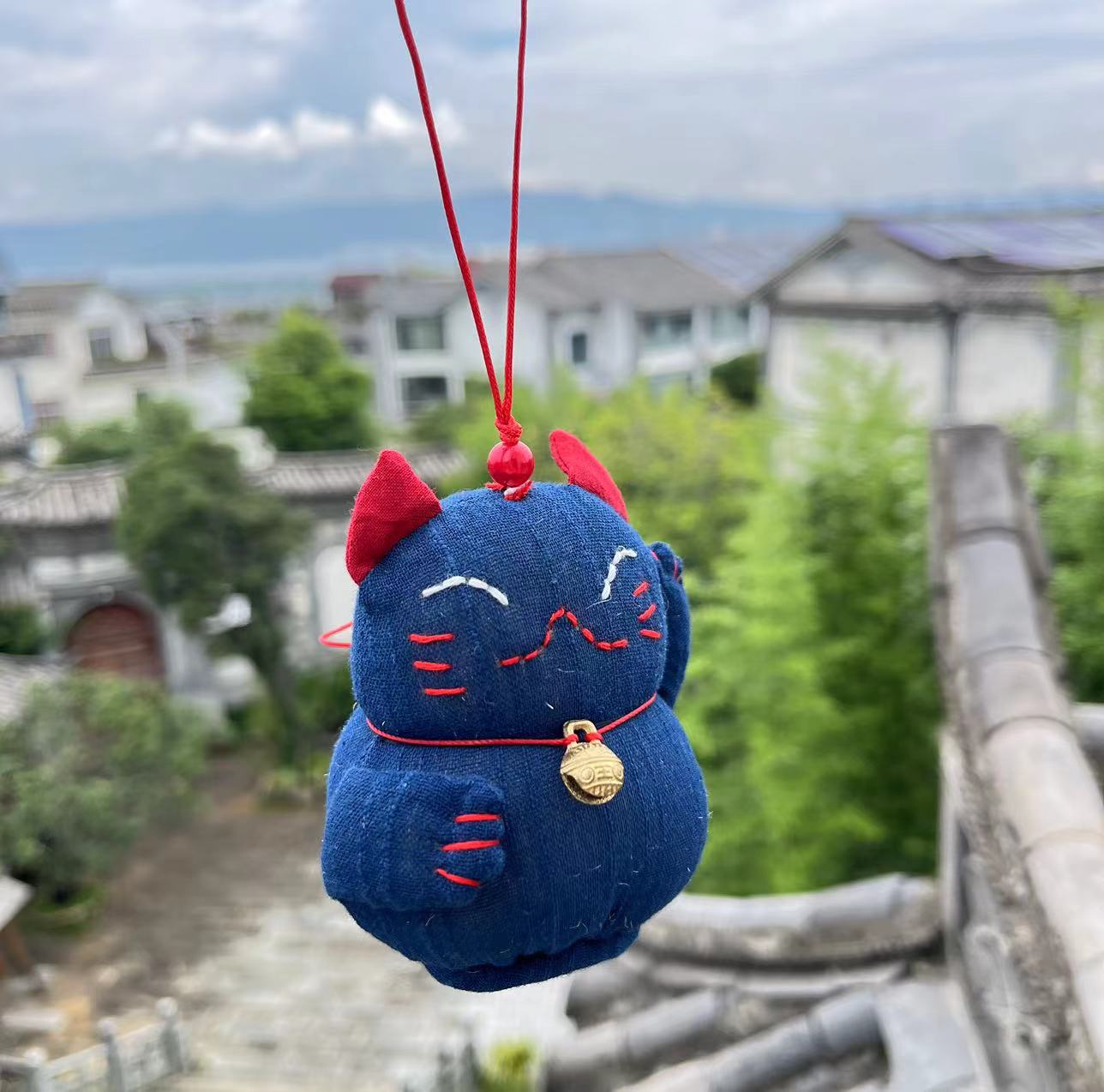 Lucky smile cat hanging ornaments/ door handle pendants/ bag accessories in natural indigo dye soft cotton fabric.